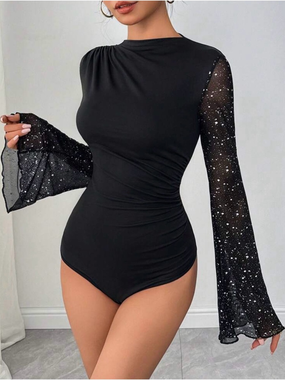 SHEIN Black Glitter Mesh Sleeve Long-Sleeve Bodysuit